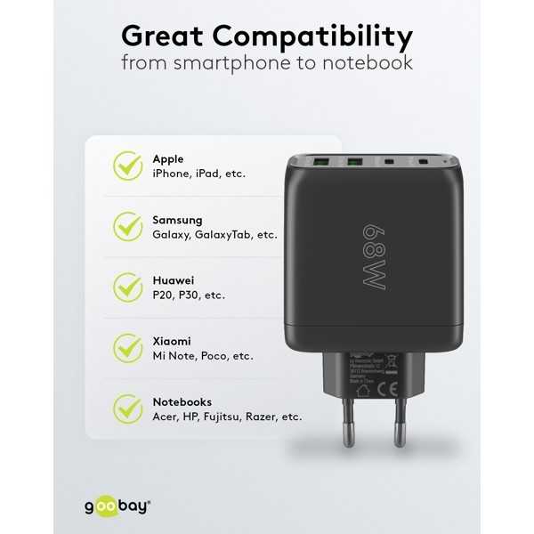 68 W USB-C PD GaN -moniporttipikalaturi, musta