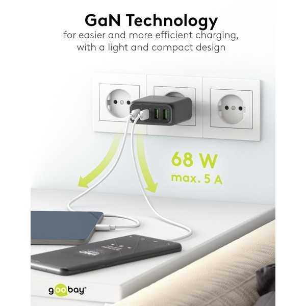 68 W USB-C PD GaN -moniporttipikalaturi, musta