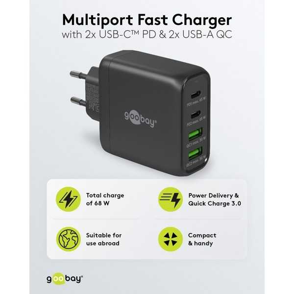 68 W USB-C PD GaN -moniporttipikalaturi, musta