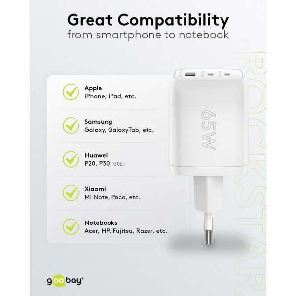 65 W USB-C PD GaN -moniporttipikalaturi Nano, valkoinen