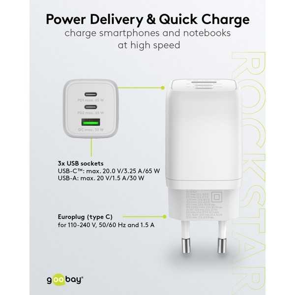 65 W USB-C PD GaN -moniporttipikalaturi Nano, valkoinen