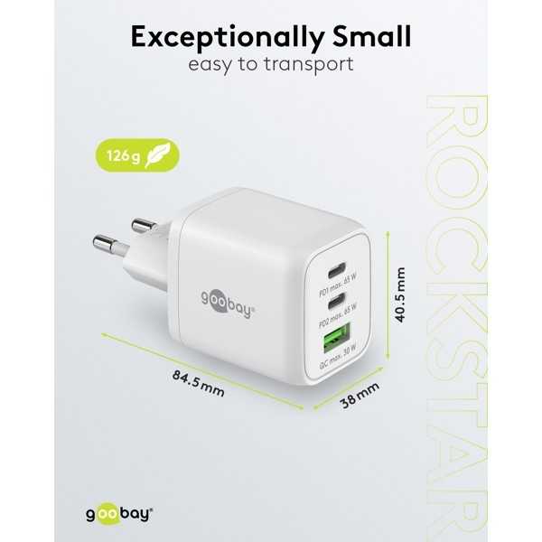 65 W USB-C PD GaN -moniporttipikalaturi Nano, valkoinen