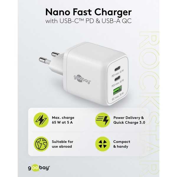 65 W USB-C PD GaN -moniporttipikalaturi Nano, valkoinen
