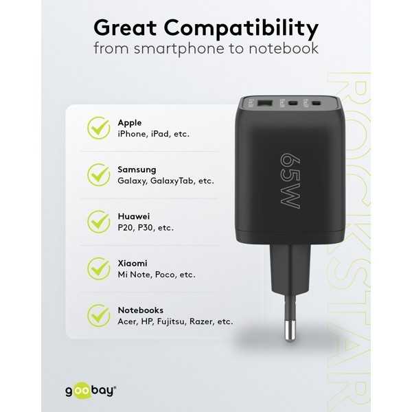 65 W USB-C PD GaN -moniporttipikalaturi Nano, musta