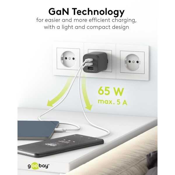 65 W USB-C PD GaN -moniporttipikalaturi Nano, musta