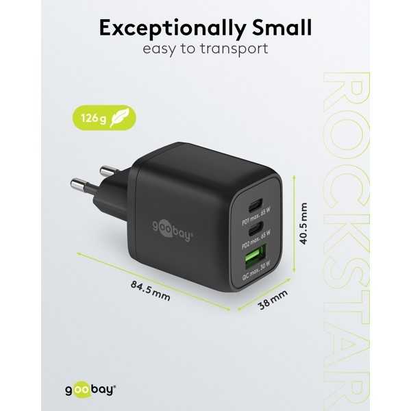 65 W USB-C PD GaN -moniporttipikalaturi Nano, musta
