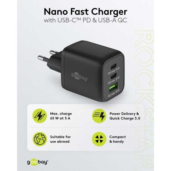 65 W USB-C PD GaN -moniporttipikalaturi Nano, musta