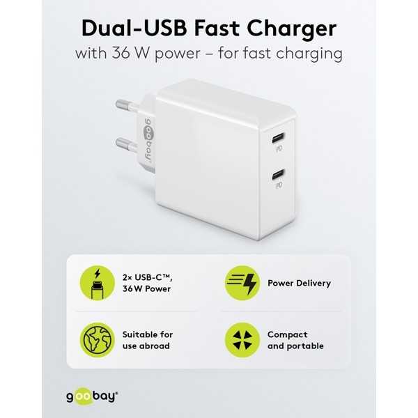 36 W USB-C PD -kaksoispikalaturi, valkoinen