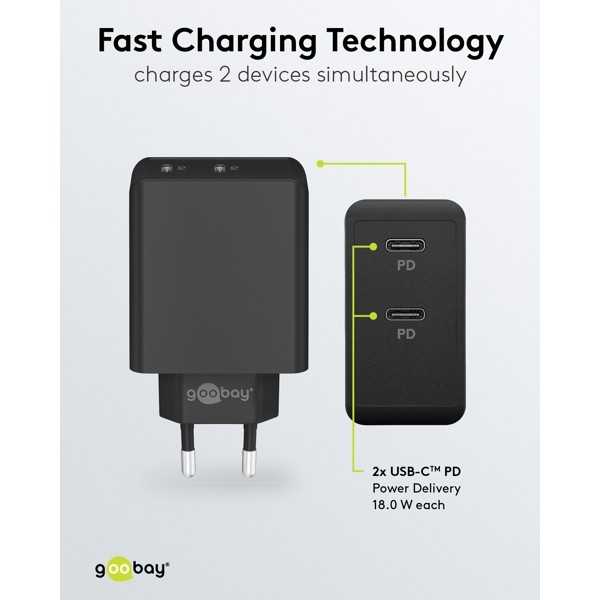 36 W USB-C PD -kaksoispikalaturi, musta