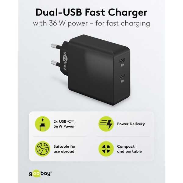 36 W USB-C PD -kaksoispikalaturi, musta