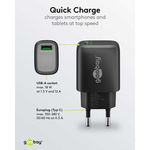 18 W USB-A QC -pikalaturi, musta