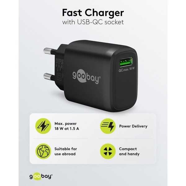 18 W USB-A QC -pikalaturi, musta