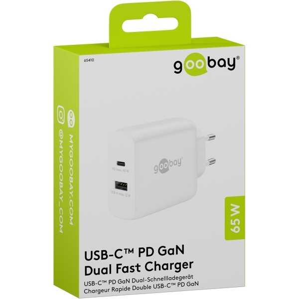 65 W USB-C PD GaN -kaksoispikalaturi, valkoinen