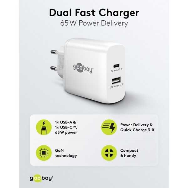 65 W USB-C PD GaN -kaksoispikalaturi, valkoinen