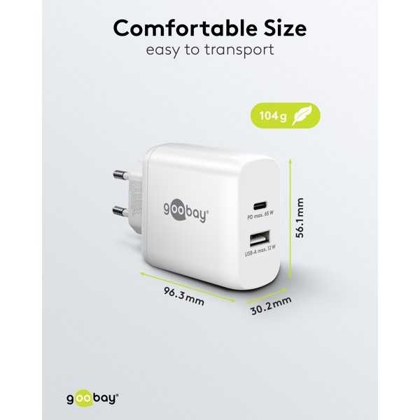 65 W USB-C PD GaN -kaksoispikalaturi, valkoinen
