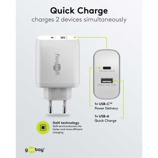65 W USB-C PD GaN -kaksoispikalaturi, valkoinen
