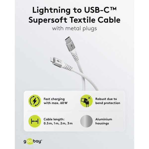 Lightning USB-C Supersoft -tekstiilikaapeli metalliliittimillä, 0,5 m, valkoinen