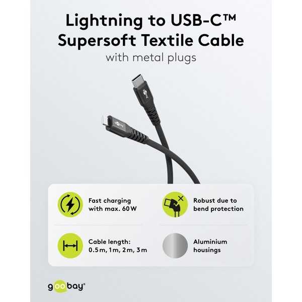 Lightning USB-C Supersoft -tekstiilikaapeli metalliliittimillä, 0,5 m, musta