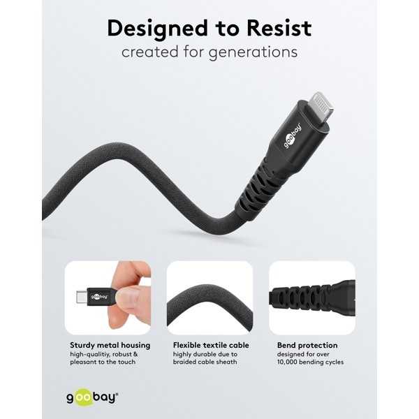 Lightning USB-C Supersoft -tekstiilikaapeli metalliliittimillä, 0,5 m, musta