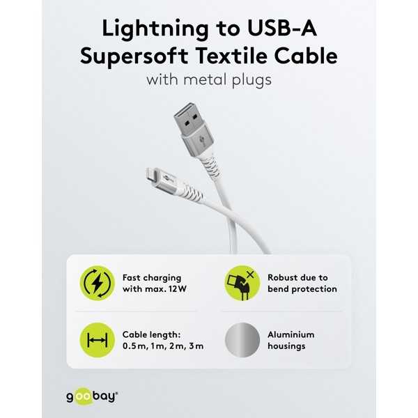 Lightning USB-A Supersoft -tekstiilikaapeli metalliliittimillä, 3 m, valkoinen