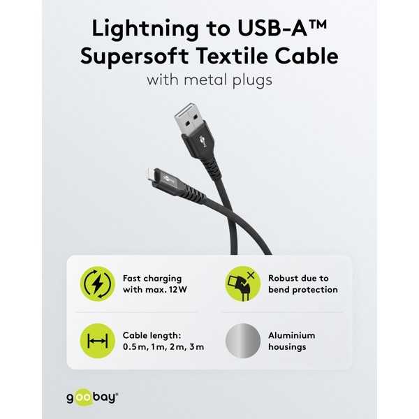 Lightning USB-A Supersoft -tekstiilikaapeli metalliliittimillä, 3 m, musta