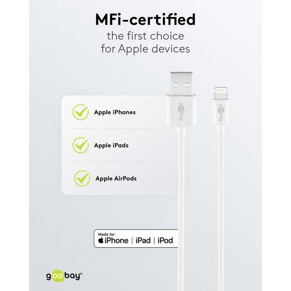 Lightning USB-lataus- ja synkronointikaapeli, 2 m, valkoinen