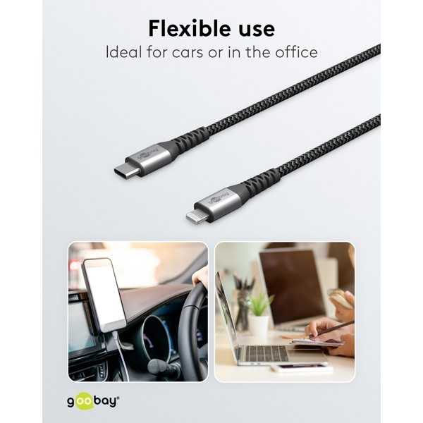 Lightning USB-C -tekstiilikaapeli metalliliittimillä, 2 m
