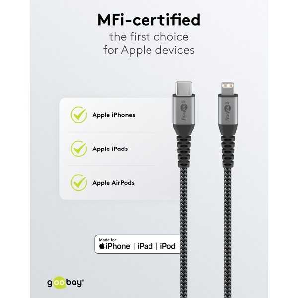 Lightning USB-C -tekstiilikaapeli metalliliittimillä, 2 m