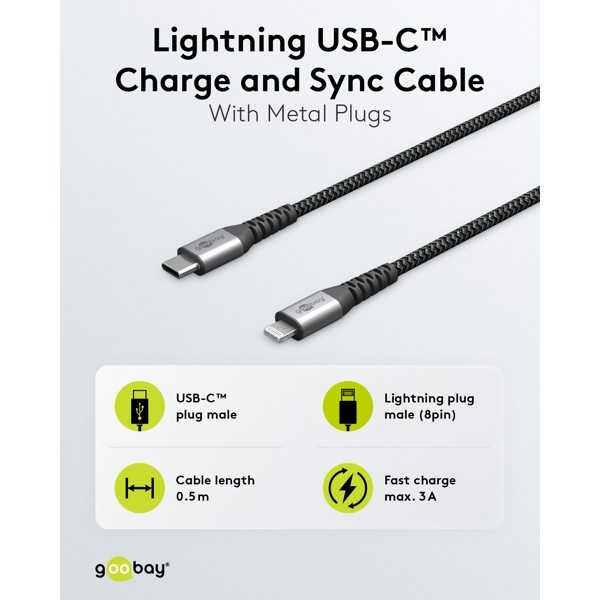 Lightning USB-C -tekstiilikaapeli metalliliittimillä, 1 m