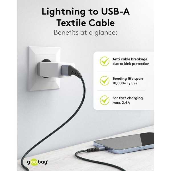 Lightning USB-A -tekstiilikaapeli metalliliittimillä, 1 m