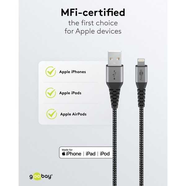 Lightning USB-A -tekstiilikaapeli metalliliittimillä, 0,5 m