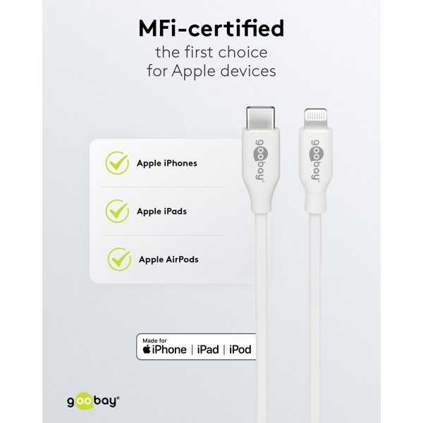 Lightning USB-C -lataus- ja synkronointikaapeli, 0,5 m, valkoinen
