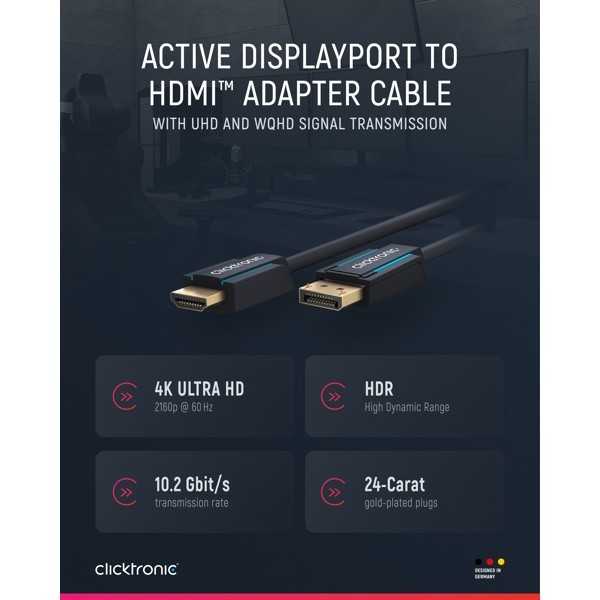 Aktiivinen DisplayPort–HDMI-sovitinkaapeli, 5metriä.