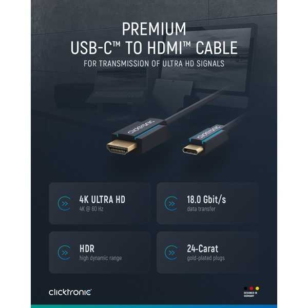 USB-C–HDMI-sovitinkaapeli, 1 metri.