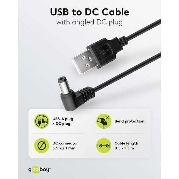 USB-DC-kaapeli 5 V/1 A, 0,5 m.