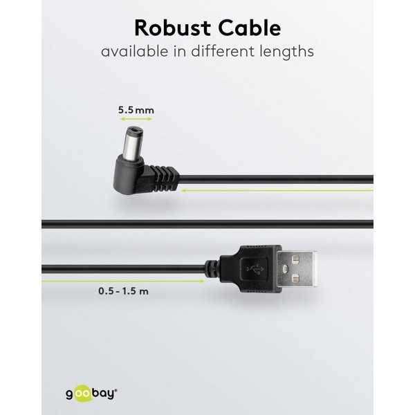 USB-DC-kaapeli 5 V/1 A, 0,5 m.