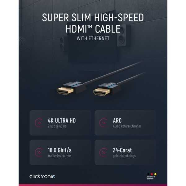 Erittäin ohut ja nopea HDMI-kaapeli Ethernet-liitännällä, 2 metriä.