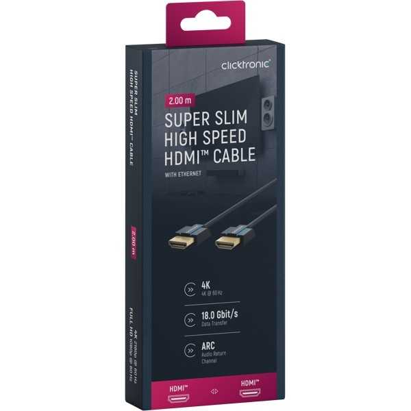 Erittäin ohut ja nopea HDMI-kaapeli Ethernet-liitännällä, 2 metriä.