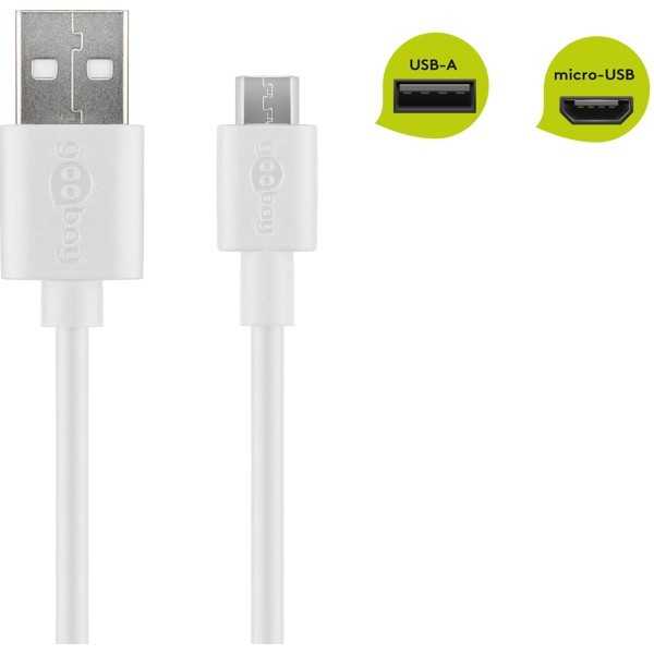 Micro-USB-lataus- ja synkronointikaapeli, 1 metri, valkoinen.