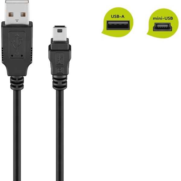 Mini USB-synkronointi- ja latauskaapeli, musta, 1 metri.