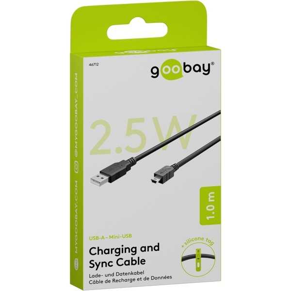 Mini USB-synkronointi- ja latauskaapeli, musta, 1 metri.
