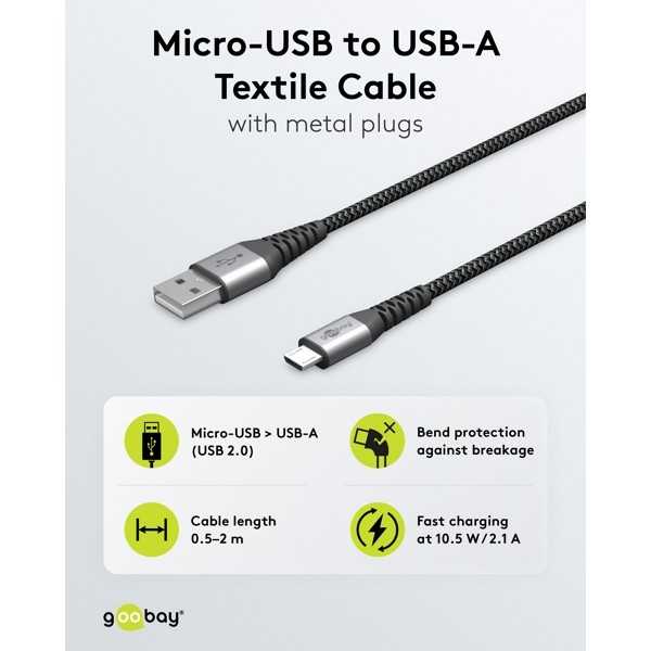 Micro-USB - USB-A -tekstiilikaapeli metalliliittimillä (tähtiharmaa/hopea), 0,5 m