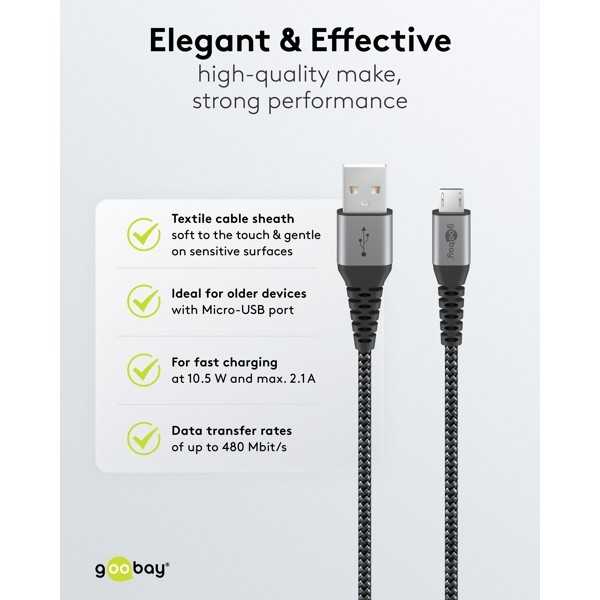 Micro-USB - USB-A -tekstiilikaapeli metalliliittimillä (tähtiharmaa/hopea), 2 m