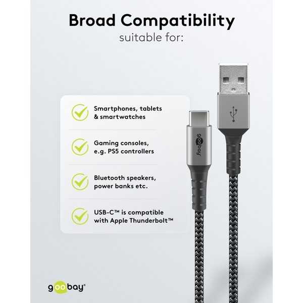 USB-C - USB-A -tekstiilikaapeli metalliliittimillä (tähtiharmaa/hopea), 0,5 m