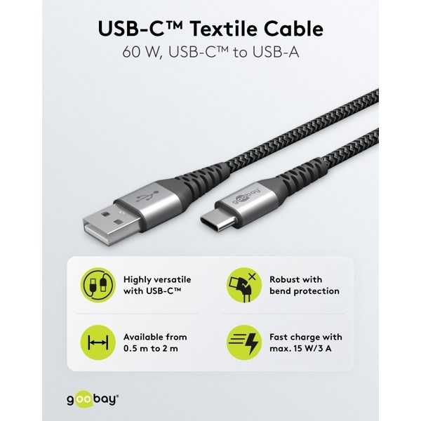 USB-C - USB-A -tekstiilikaapeli metalliliittimillä (tähtiharmaa/hopea), 1 m