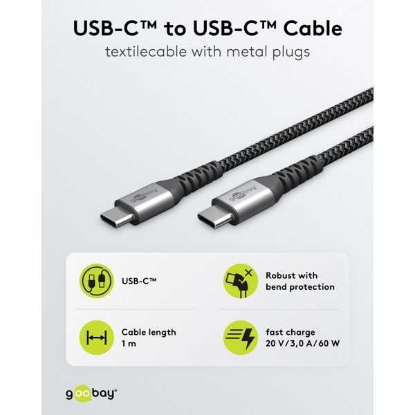 USB-C - USB-C -tekstiilikaapeli metalliliittimillä (tähtiharmaa/hopea), 1 m