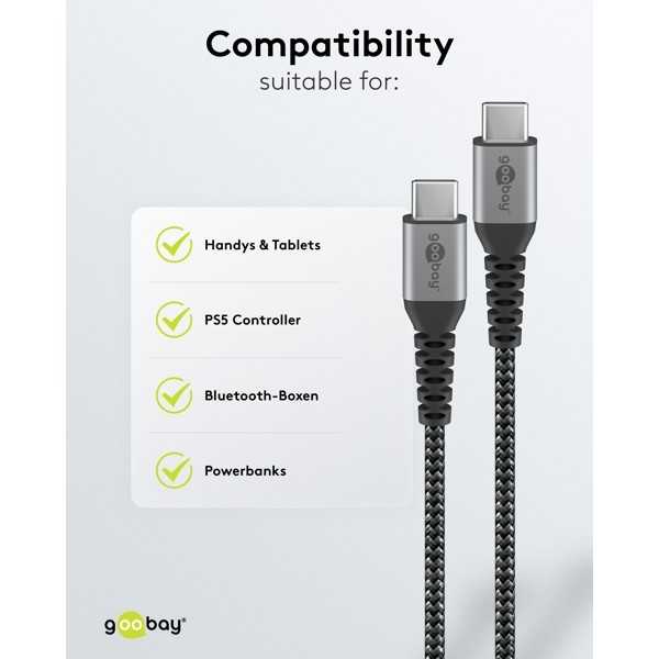 USB-C - USB-C -tekstiilikaapeli metalliliittimillä (tähtiharmaa/hopea), 1 m