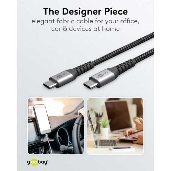 USB-C - USB-C -tekstiilikaapeli metalliliittimillä (tähtiharmaa/hopea), 2 m