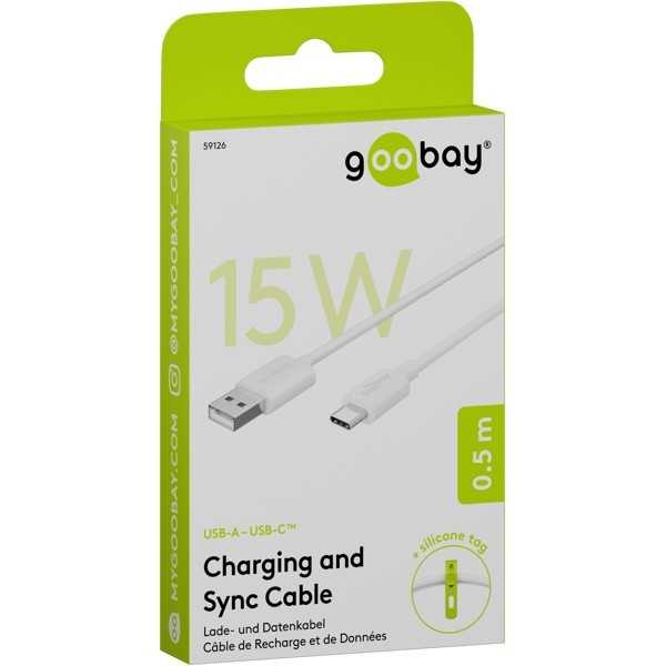 USB-C-lataus- ja synkronointikaapeli (USB-A, USB-C), 0,5 metriä.