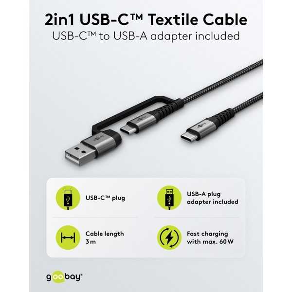 2in1 USB-tekstiilikaapeli, tähtiharmaa/hopea, 3 m